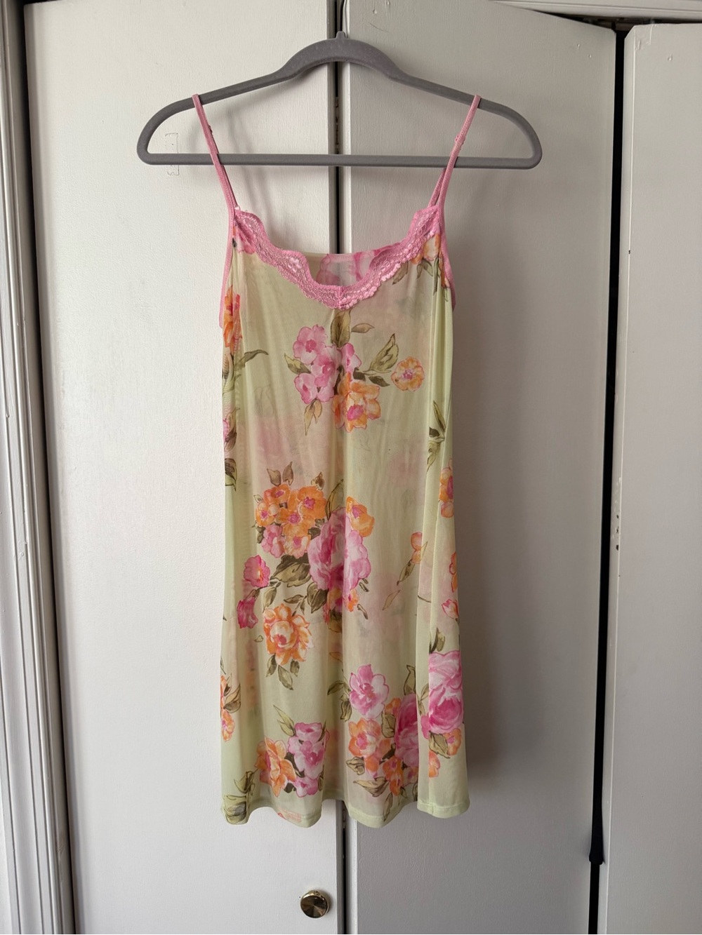 Pink and Green Rose Floral Fairycore Y2K Lace-Trim Slip Dress